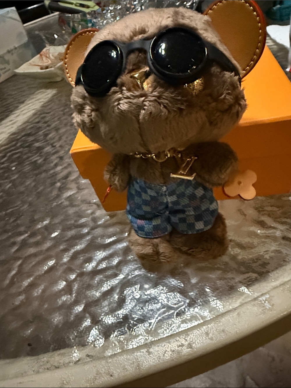 Louis Vuitton Brown Plush Bear Keychain with Blue Plaid Shorts and Black Goggles - Picture 6 of 6